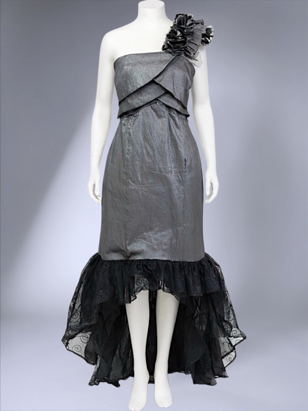Snap A-Line Metallic Floral One-Shoulder Asymmetrical Tulle Maxi Dress - Picture 7 of 10